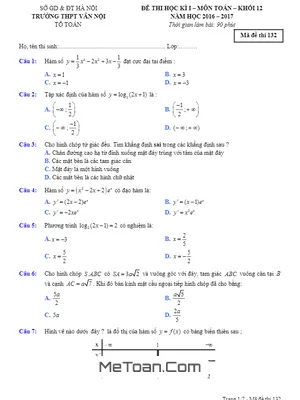 Đề thi HK1 Toán 12 năm học 2016 - 2017 trường THPT Vân Nội - Hà Nội