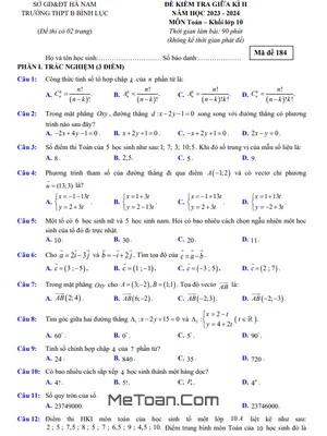 Đề giữa học kỳ 2 Toán 10 năm 2023 – 2024 trường THPT B Bình Lục – Hà Nam