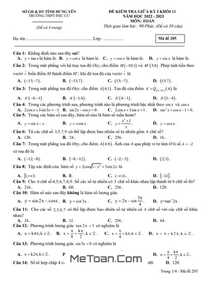 Đề Thi Giữa Kỳ 1 Toán 11 Năm 2022-2023 Trường THPT Phù Cừ - Hưng Yên
