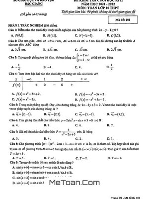 Đề kiểm tra cuối kì 2 Toán 10 năm 2021 - 2022 Sở GD&ĐT Bắc Giang