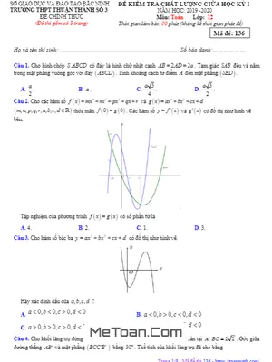 Đề thi giữa học kỳ 1 Toán 12 năm 2019 - 2020 trường Thuận Thành 3 - Bắc Ninh