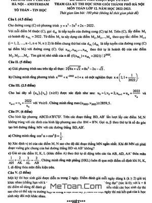 Đề chọn học sinh giỏi Toán 12 năm 2022 – 2023 trường chuyên Hà Nội – Amsterdam