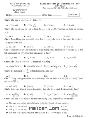 Đề thi thử THPT QG 2020 môn Toán trường THPT Cam Lộ – Quảng Trị