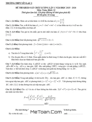 Đề thi thử THPT Quốc gia 2016 môn Toán lần 1 trường Yên Lạc 2 – Vĩnh Phúc