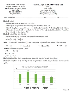 Đề Thi Học Kỳ 1 Toán Lớp 6 Năm 2022 - 2023 Trường Tre Việt - TP.HCM