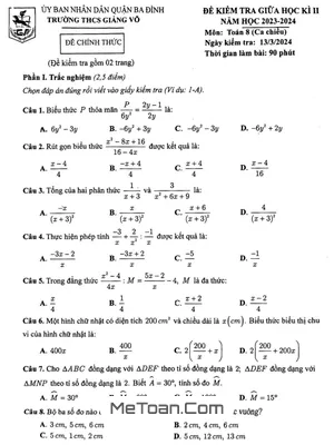 Đề thi giữa kì 2 Toán 8 năm 2023 - 2024 trường THCS Giảng Võ - Hà Nội