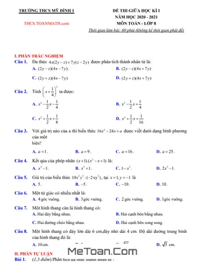 Đề thi giữa kì 1 Toán 8 năm 2020 - 2021 trường THCS Mỹ Đình 1 - Hà Nội (có đáp án)