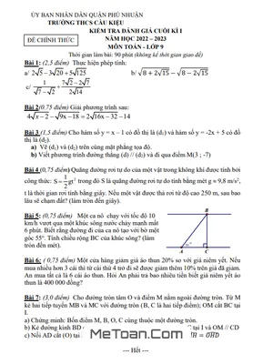 Đề thi cuối kì 1 Toán 9 năm 2022-2023 trường THCS Cầu Kiệu - TP.HCM (Có đáp án)