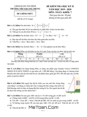 Đề thi học kì 2 Toán lớp 7 năm 2019 - 2020 trường THCS Quang Trung - TP.HCM (có đáp án)