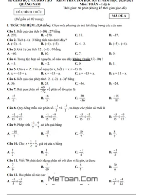 Đề thi cuối kỳ 2 Toán lớp 6 năm 2020 - 2021 sở GD&ĐT Quảng Nam