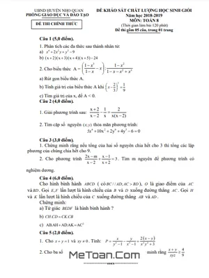 Đề thi học sinh giỏi huyện Toán 8 năm 2018 - 2019 phòng GD&ĐT Nho Quan - Ninh Bình