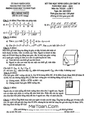 Đề thi học sinh giỏi lần 2 môn Toán lớp 7 năm 2022 - 2023 phòng GD&ĐT Thủ Đức - TP HCM