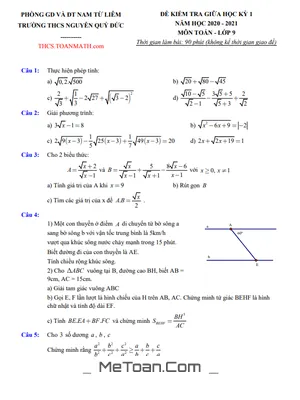 Đề thi giữa kì 1 Toán 9 năm 2020 - 2021 trường THCS Nguyễn Quý Đức - Hà Nội