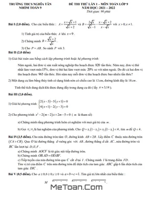 Đề thi thử Toán vào lớp 10 lần 1 năm 2022 trường THCS Nghĩa Tân – Hà Nội