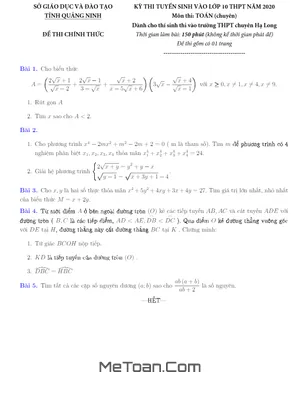 Đề thi vào lớp 10 chuyên Toán trường THPT Chuyên Hạ Long - Quảng Ninh năm học 2020 - 2021