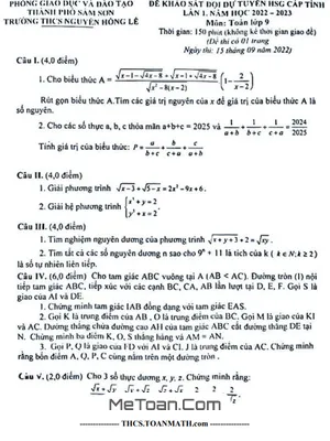 Đề khảo sát HSG Toán 9 lần 1 năm 2022 - 2023 trường THCS Nguyễn Hồng Lễ - Thanh Hóa