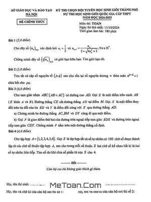 Đề chọn đội tuyển thi HSG QG môn Toán THPT năm 2024 - 2025 sở GD&ĐT Hà Nội