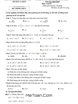 Đề thi giữa kì 1 Toán 8 năm 2024 - 2025 phòng GD&ĐT Vụ Bản - Nam Định