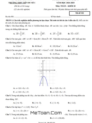 Đề kiểm tra Toán 10 năm 2024 - 2025 trường THPT Tiên Du 1 - Bắc Ninh