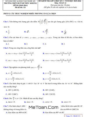 Đề thi giữa kì 1 Toán 11 năm 2025 - 2026 THPT Huỳnh Thúc Kháng - Nghệ An (Kèm Đáp Án)