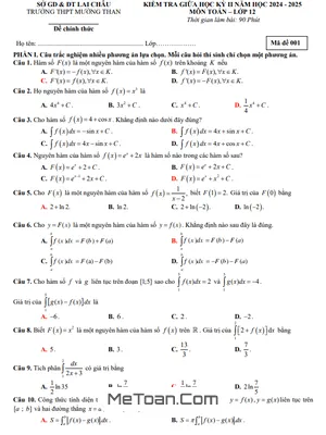Đề thi giữa học kỳ 2 Toán 12 năm 2024 – 2025 trường THPT Mường Than – Lai Châu có đáp án
