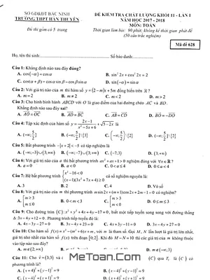 Đề kiểm tra chất lượng Toán 11 lần 1 năm 2017 - 2018 trường THPT Hàn Thuyên - Bắc Ninh (Có đáp án)