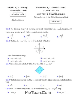 Đề thi HK1 Toán 12 năm học 2019 - 2020 sở GD&ĐT Cần Thơ