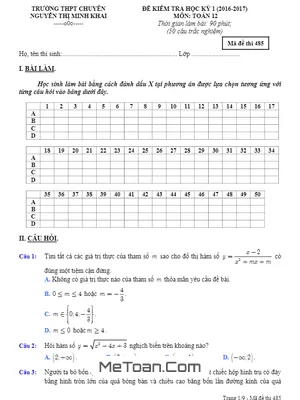 Đề thi HK1 Toán 12 năm học 2016 - 2017 trường chuyên Nguyễn Thị Minh Khai - Sóc Trăng