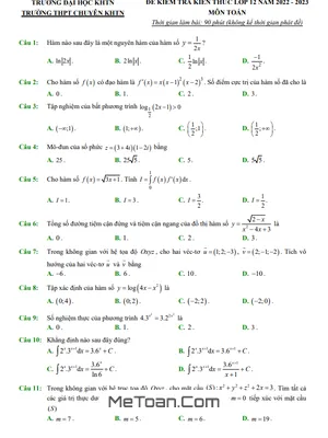 Đề Kiểm Tra Kiến Thức Toán 12 Năm 2022 - 2023 Trường THPT Chuyên KHTN - Hà Nội