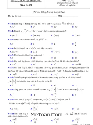Đề thi giữa học kỳ 1 Toán 12 năm 2018 - 2019 trường Yên Phong 1 - Bắc Ninh