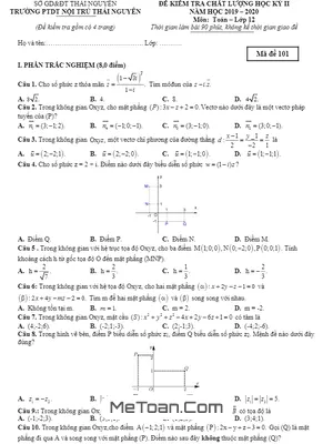 Đề thi học kỳ 2 môn Toán lớp 12 năm 2019 - 2020 trường PTDT Nội trú Thái Nguyên