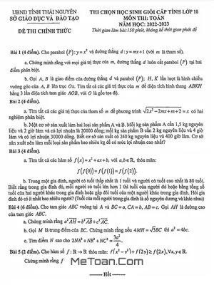 Đề thi học sinh giỏi cấp tỉnh môn Toán lớp 10 năm 2022 - 2023 Sở GD&ĐT Thái Nguyên