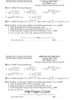 Đề kiểm tra giữa kỳ 2 Toán 11 năm 2018 - 2019 trường Nguyễn Chí Thanh - TP HCM