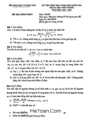 Đề Thi Học Sinh Giỏi Quốc Gia Môn Toán THPT Năm 2021 - 2022