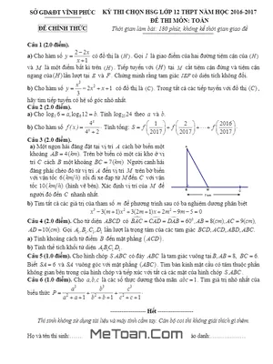 Đề thi chọn học sinh giỏi Toán 12 năm học 2016 - 2017 Sở GD&ĐT Vĩnh Phúc