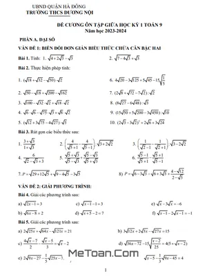 Đề Cương Ôn Tập Giữa Kì 1 Môn Toán Lớp 9 Năm 2023-2024 - Trường THCS Dương Nội - Hà Nội
