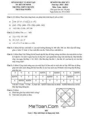 Đề thi học kỳ 1 Toán lớp 6 năm 2022 - 2023 trường chuyên Trần Đại Nghĩa - TP HCM