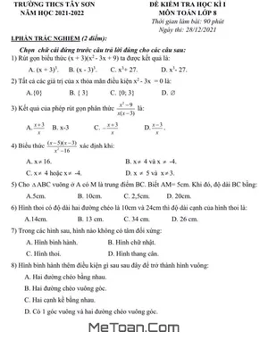 Đề thi học kì 1 Toán 8 năm 2021 - 2022 trường THCS Tây Sơn - Hà Nội (có đáp án)