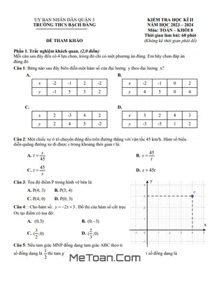 Đề Tham Khảo Cuối Kì 2 Toán 8 Năm 2023 - 2024 Phòng GD&ĐT Quận 3 - TP HCM