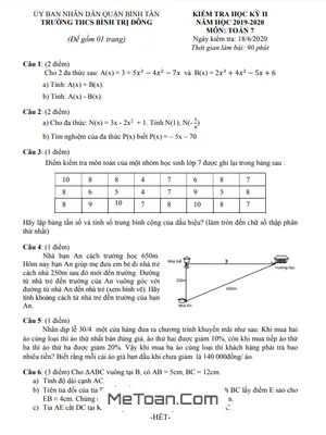 Đề kiểm tra học kì 2 Toán lớp 7 năm 2019 - 2020 trường THCS Bình Trị Đông - TP HCM