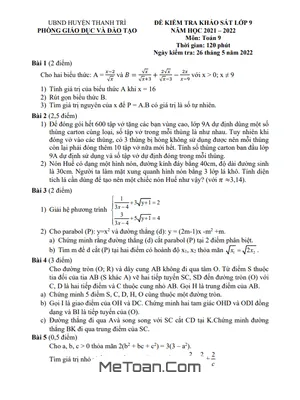 Đề kiểm tra khảo sát Toán 9 năm 2021 – 2022 phòng GD&ĐT Thanh Trì – Hà Nội