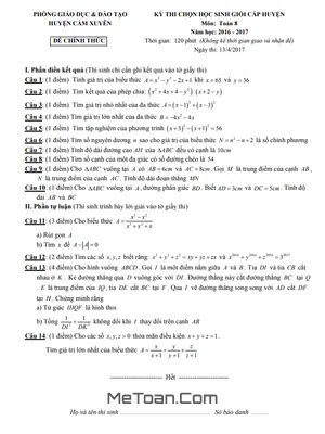 Đề thi HSG Toán 8 cấp huyện năm 2016-2017 phòng GD&ĐT Cẩm Xuyên, Hà Tĩnh