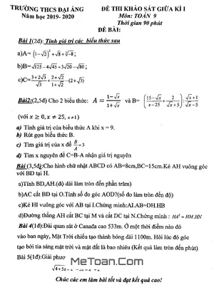 Đề thi khảo sát giữa kì 1 Toán 9 năm 2019 - 2020 trường THCS Đại Áng - Hà Nội