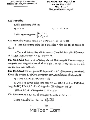 Đề thi HK2 Toán 9 năm 2018 - 2019 phòng GD&ĐT Ninh Giang - Hải Dương