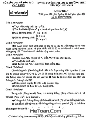 Đề thi vào lớp 10 môn Toán năm 2023 - 2024 Sở GD&ĐT Cao Bằng