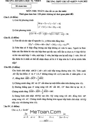 Đề thi tuyển sinh vào lớp 10 trường THPT chuyên KHTN Hà Nội năm 2022