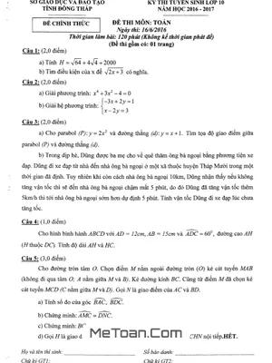 Đề thi tuyển sinh vào lớp 10 môn Toán năm 2016 - 2017 Sở GD&ĐT Đồng Tháp
