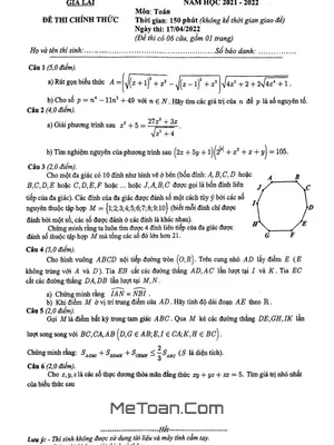 Đề thi học sinh giỏi Toán 9 cấp tỉnh năm 2021 - 2022 sở GD&ĐT Gia Lai