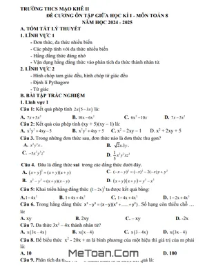 Đề cương ôn tập giữa kì 1 Toán 8 năm học 2024-2025 - THCS Mạo Khê 2, Quảng Ninh