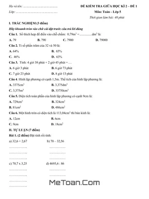 Đề Kiểm Tra Giữa Học Kì 2 Môn Toán Lớp 5 - Đề 1